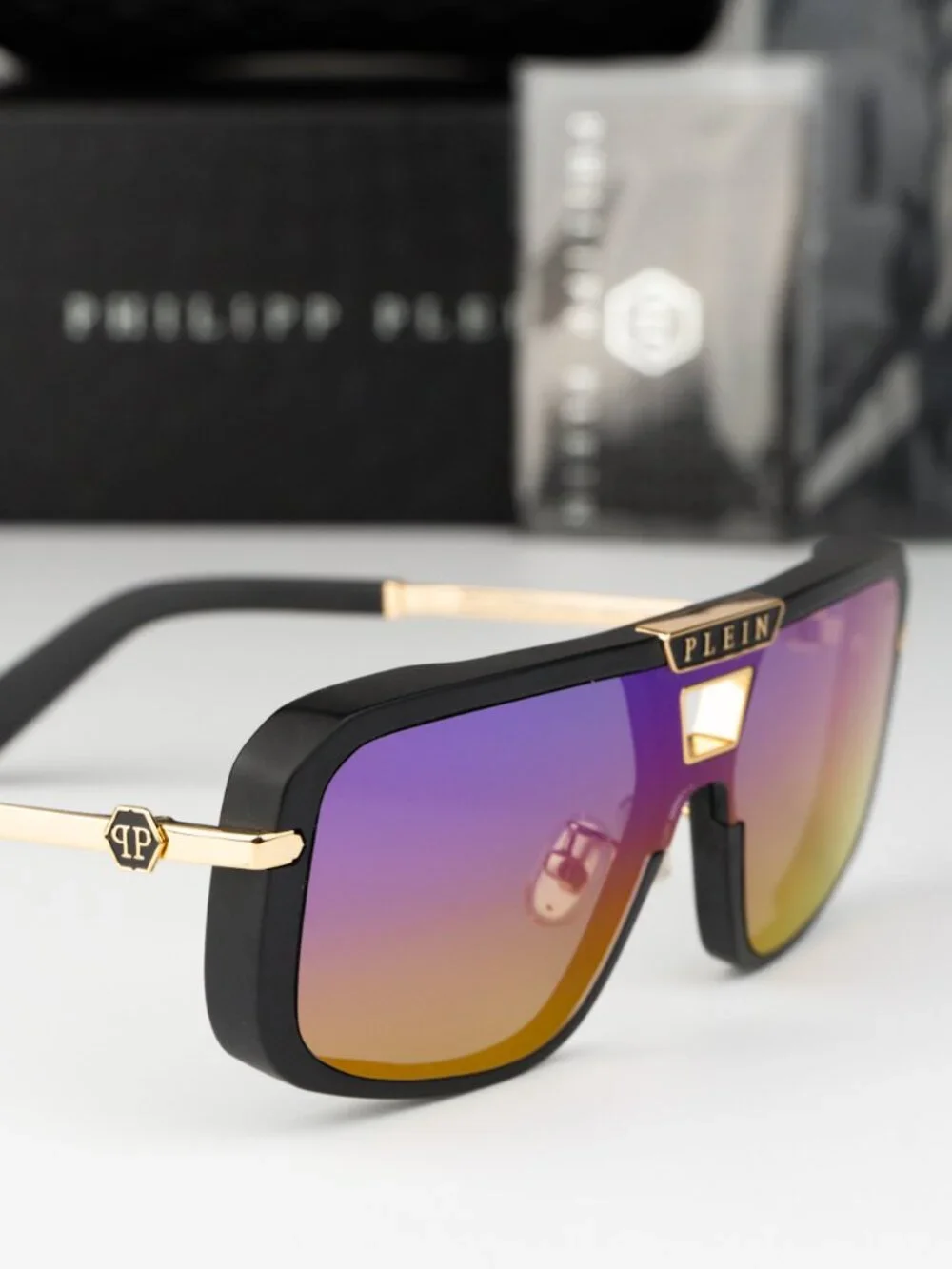 Philipp Plein Men Sunglasses Black Smoke Rainbow Mirror Pilot SPP008M 703V NEW